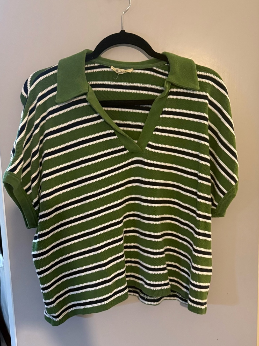 Madewell Green White Black Striped Polo Knit Top